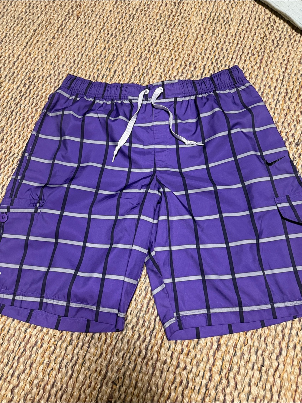 Nike Purple Plaid Swim Board Shorts with White Drawstring